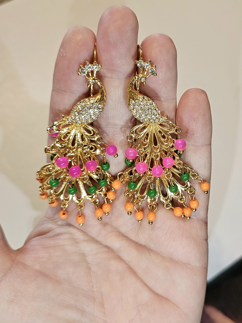Vintage Gold-plated Peacock Hook Dangle Earrings with Pink, Green & Orange Beads